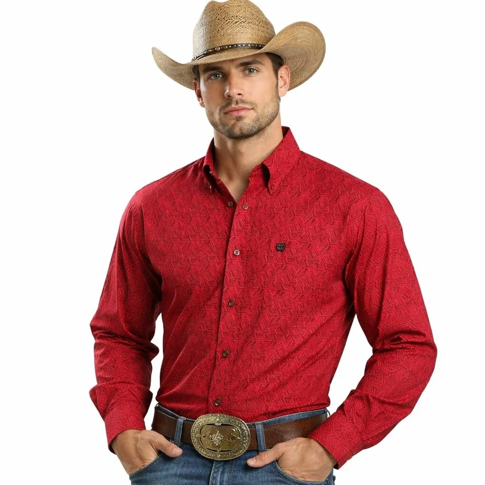 Cinch‎ Red Geometric Print Western Button Down Long Sleeve S Cowboy Rodeo Ranch